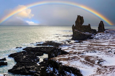 Rocks on the Atlantic coast, Snaefellsnes peninsula, rainbow, Iceland