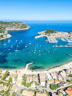 Port de Soller in Majorca Aerial view from above Seaside Beach Marina with boats Trip in Spain