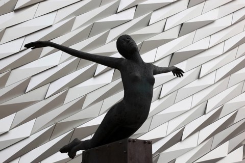 Titanica sculpture by Rowan Gillespie in front of the building, Titanic Museum in Belfast, Northern