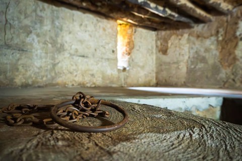 Close-up of authentic iron chains and shackles display in underground slave chamber in Mkunazini,