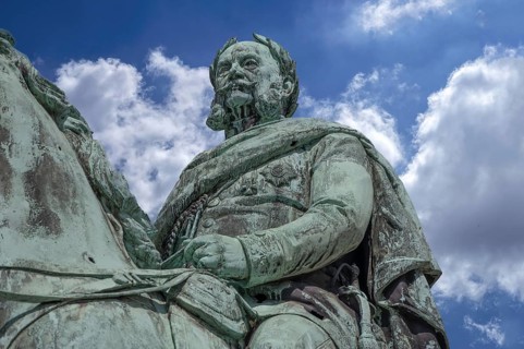 Detail, equestrian statue of Wilhelm I, unveiled in 1905, cloudy sky, Egidienplatz, Nuremberg,