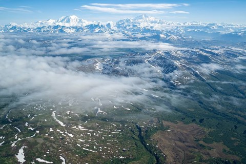 Mt Foraker and Mt Denali or Mount McKinley, aerial view, Alaska Range, Denali National Park,