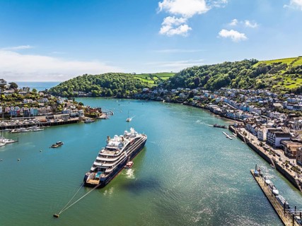 Le Bellot cruising ship on River Dart from a drone, Ponant Explorers, Dartmouth and Kingswear,