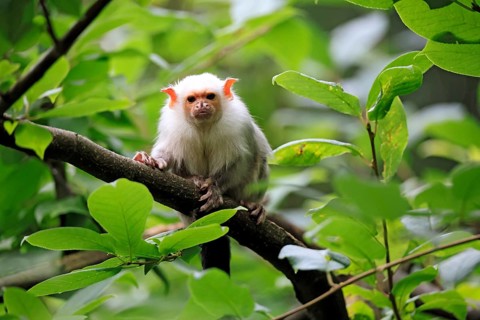 Silver marmoset (Mico argentatus, syn.: Callithrix argentata), silver marmoset, adult, perched on a