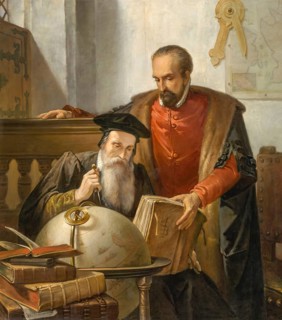The cartographers Gerhard Mercator and Abraham Ortelius at work, digitally edited based on a