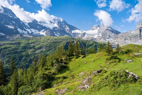 Picturesque mountain landscape with mountain peaks Breithorn and Tschingelhorn, Bernese Alps,
