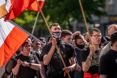 Party Die Heimat, successor of the NPD, demonstrates in downtown Essen on May 1, demands