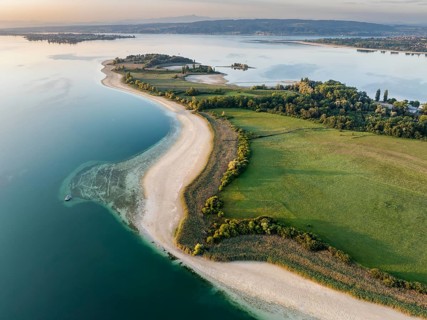 Aerial view of the Mettnau peninsula near Radolfzell on Lake Constance at historic lows, low tide