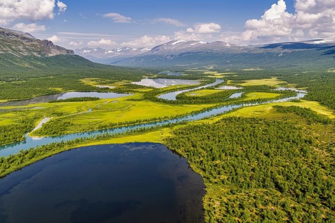 Aerial view of river Vistasjohka, branching river arms, turquoise colored river, Vistasvagge