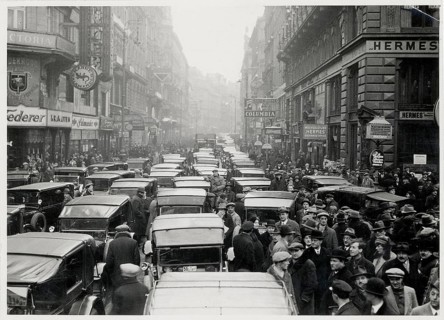 Vienna, Austria, strike, taxi drivers, vintage cars, paralyzed traffic, crowded street scene with