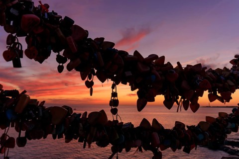 Lanzarote, Canary Islands, Spain, Europe, Playa Blanca, love castles, silhouettes of love locks in