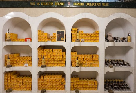 Presentation of dessert wine and packaging in a decorative cellar rack, sales room, Milestii Mici