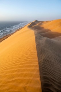 Sand dunes and sea in evening light, wind blowing sand across the dunes, view of the Atlantic coast