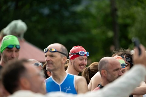 Athletes, participants in front of the start, Tegernsee Triathlon, Tegernsee, Upper Bavaria,