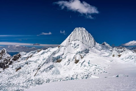 Alpamayo southwest face with glacier, 5947 m, with the title of most beautiful mountain in the