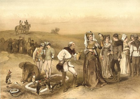 Jacoba of Bavaria during a falcon hunt. The Countess holds a hunting falcon on her gloved hand. It