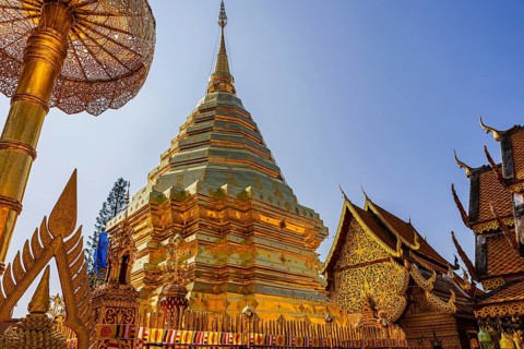 Gilded Chedi temple tower, stupa and gilded canopy, Wat Phra That Doi Suthep temple complex, Chiang