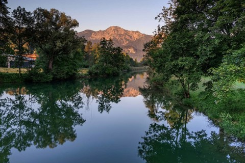 River, water, trees, sun, reflection, morning light, mountains, summer, Loisach, Kochel,