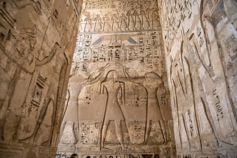 Close up details of the reliefs and hieroglyphs inside Medinat Habu, the ancient Egyptian Mortuary