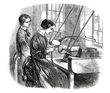 Illustration from 1859 shows woman making pens on an industrial scale. The work steps include