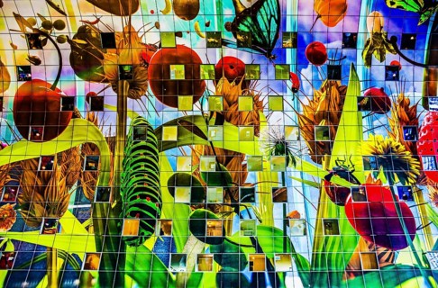 Markthal from 2014, offers over 100 food stalls and delicatessens with spectacular ceiling fresco