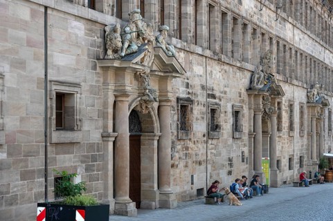 Three entrance portals of the historic Wolffschen Town Hall, built around 1616, Nuremberg, Middle