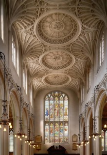 Interior view with church ceiling, stucco ceiling, stucco relief, St Mary Aldermary Church, City of