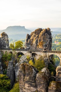 Saxony, Saxon Switzerland, Germany, autumn leaves, rocks, autumn, sandstone, Bastei bridge, sunset,