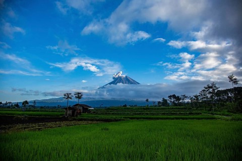 The volcano rises above green rice paddies and clouds, under a slightly cloudy blue sky, Smoking
