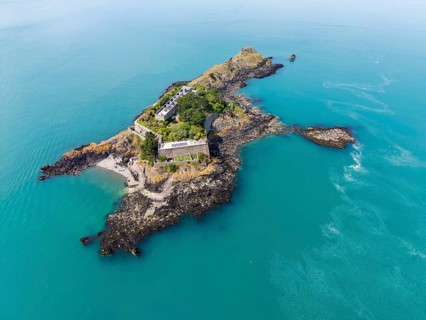 Aerial view of the historic Île des Rimains fortress island with the Fort des Rimains in the