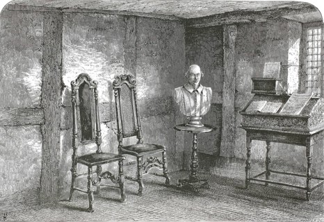 Historical engraving from 1876 showing the room where William Shakespeare was born. The room is