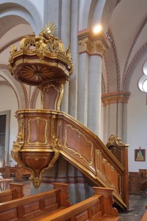 Baroque golden magnificent pulpit with pulpit cover, handicrafts, interior view, church pews, Bonn