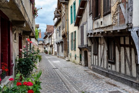 Morbid charm in a picturesque, medieval old town alleyway in Troyes, Aube department, Grand Est