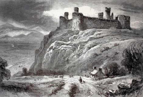 Harlech Castle, a ruined castle in Gwynedd in Wales, example of European military architecture of