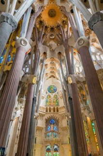 Interior view of the Familia Sagrada by the architect Antonio Gaudi in Barcelona, Spain