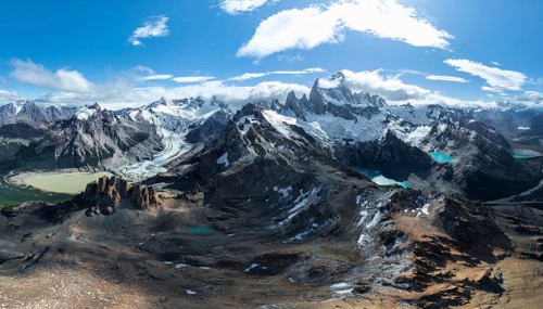 Aerial view, epic panorama, large glaciers, glacial lakes Lago de los Tres Laguna Sucia and Laguna