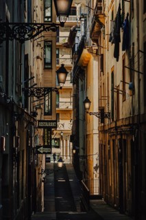 Narrow old town alleyway in San Sebastian, Basque Country, Spain