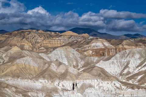Multicolor mountain landscape, erosion landscape near Lo Manthang, Mustang, Upper Mustang,