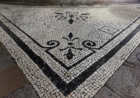 Black and white paving, Calçada Portugesa, traditional limestone and basalt mosaic paving,