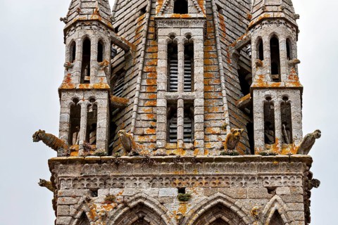 Detailed church spires with stone decorations in Gothic style, Saint-Paul-Aurélien Cathedral in