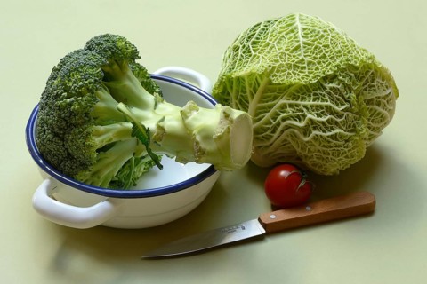 Savoy cabbage, and broccoli in pot