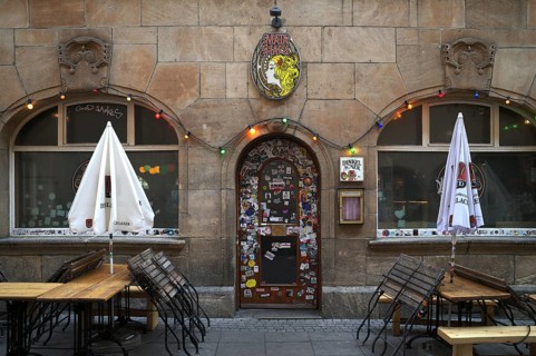 Door, front door, full sticker, logo Dinkelacker Brauerei, trendy pub, tavern, Mata Hari,