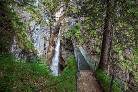 Waterfall in Hölltobel, with viewing platform, near Gerstruben, Dietersbachtal, Oberstdorf,