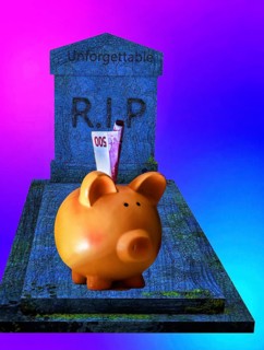 Symbolic picture, savings certificate with 500 euro note on tombstone with R.I.P, decline of