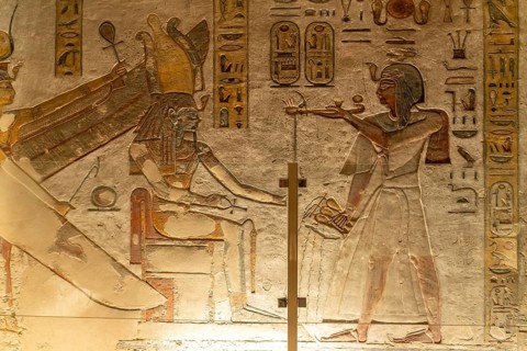 Reliefs in the ancient Egyptian tomb of Pharaoh Ramesses IV in the Valley of the Kings near Luxor,