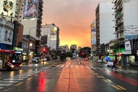 Street scene with low traffic at sunset in Belgrano, Buenos Aires, Argentina
