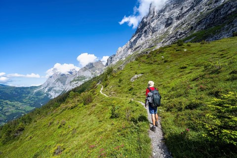 Hikers on the Eigertrail hiking trail, view of mountain peaks, Grindelwald, Bernese Oberland,