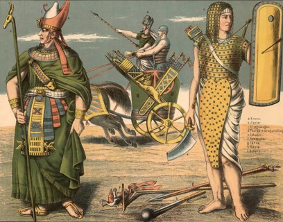 19th century educational board depicting the armor and weapons in ancient Egypt, pharaohs and