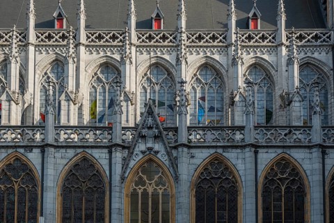 View of the south façade with stained-glass windows of St. Paul's Cathedral in Liège, Belgium