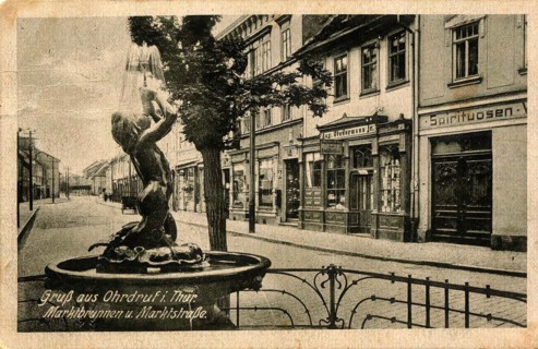 Historical view of the market fountain in Ohrdruf, Thuringia, Germany, authentic reproduction of an